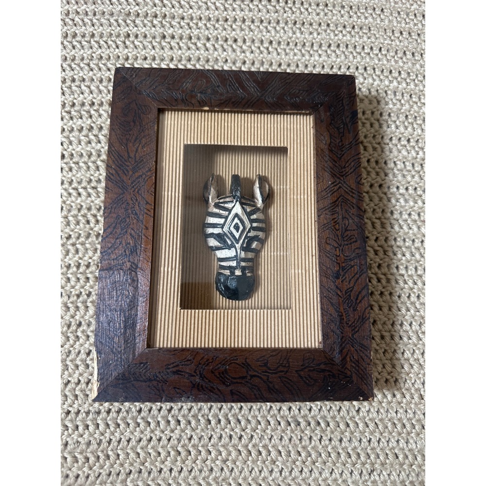 VTG African Wood Carved Zebra Head Mask In Shadow Box Frame Tribal Art